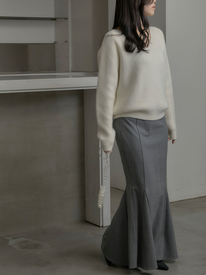 【SET】モヘアタッチVネックニットプルオーバー+【Essential】チェック柄マーメイドスカート(2set)