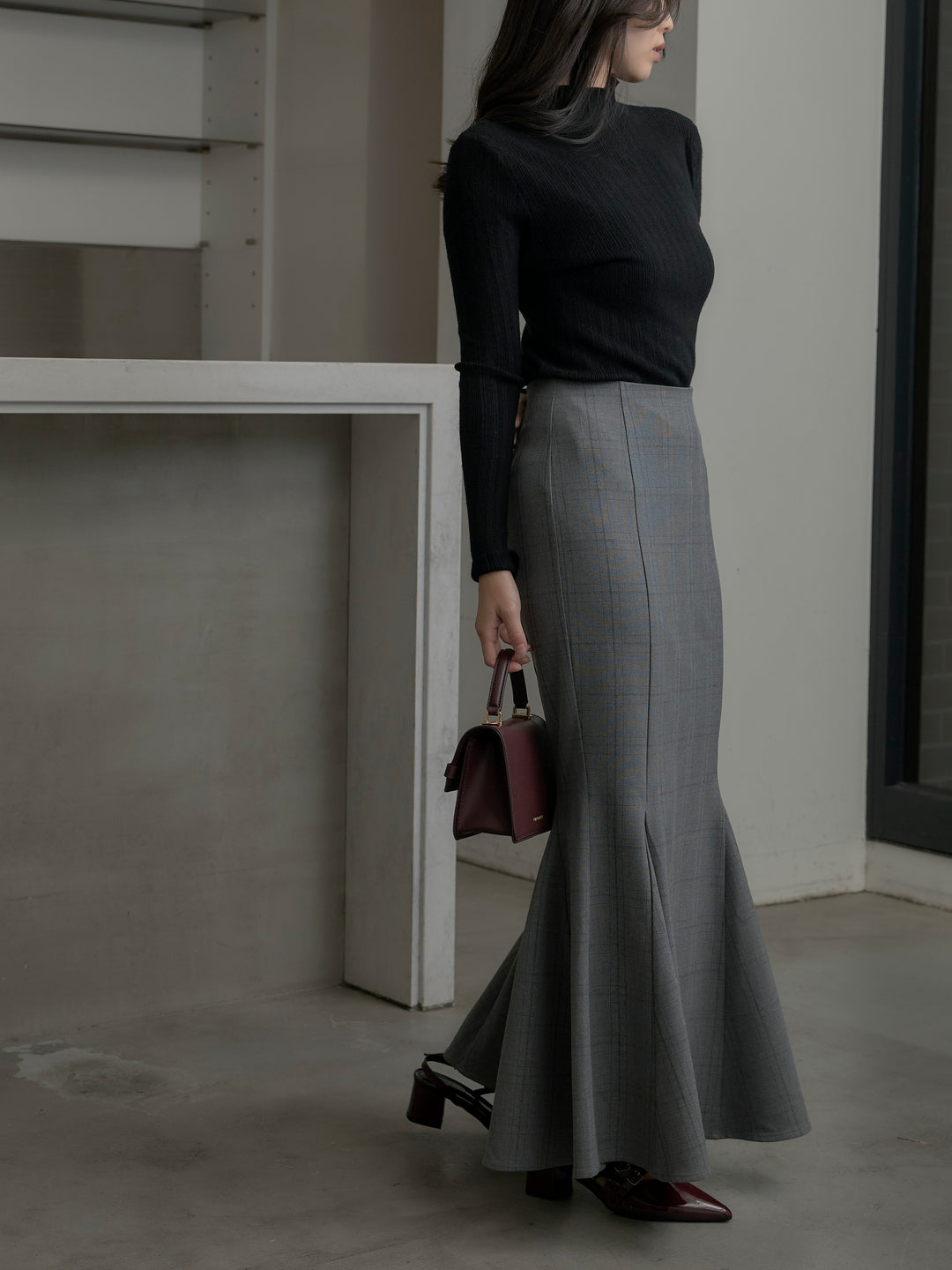 【SET】リブニットタートルネック+【Essential】チェック柄マーメイドスカート(2set)