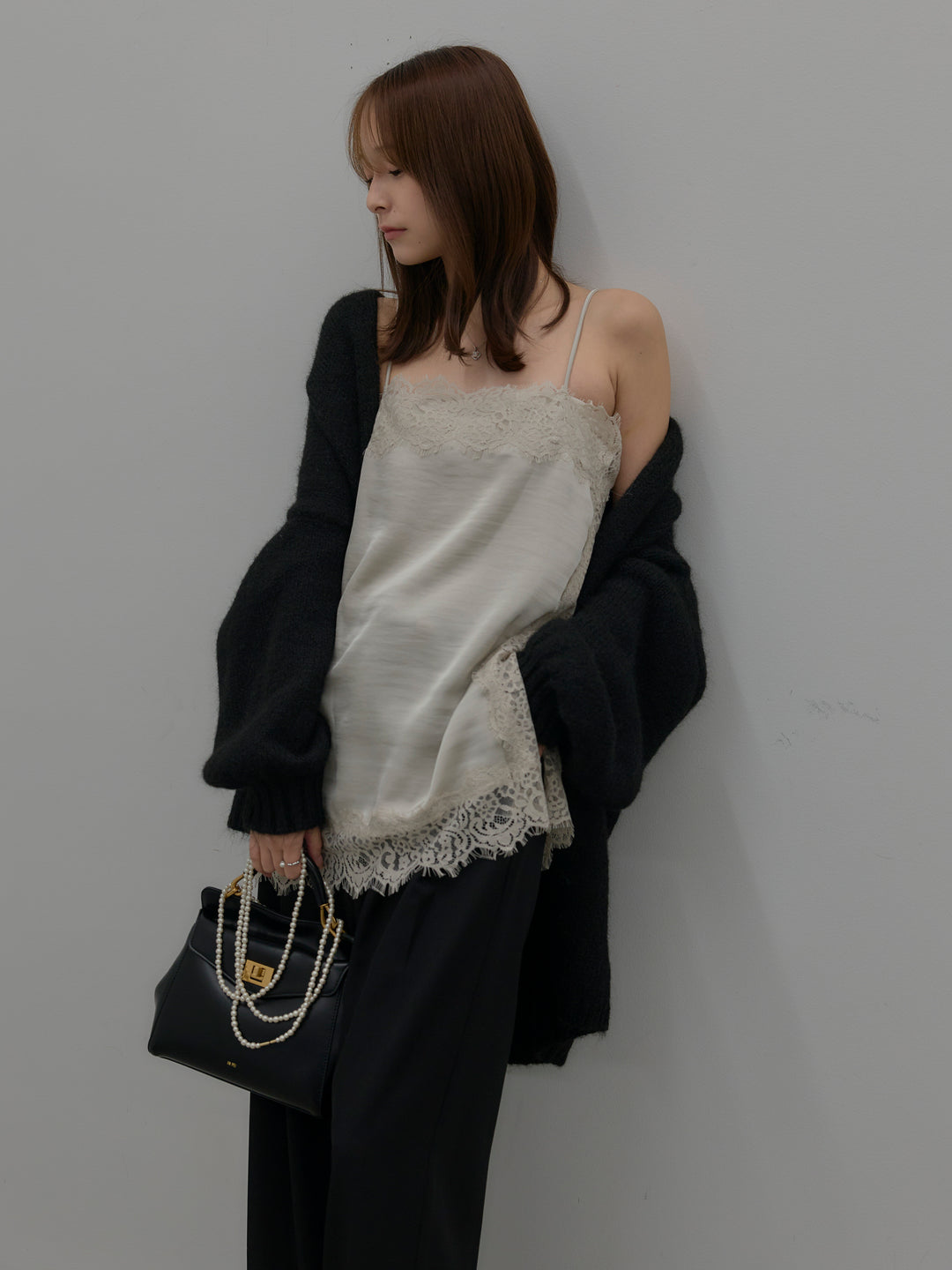 【SET】モヘアライクオーバーニットカーディガン+レースサテンキャミソール(2set)