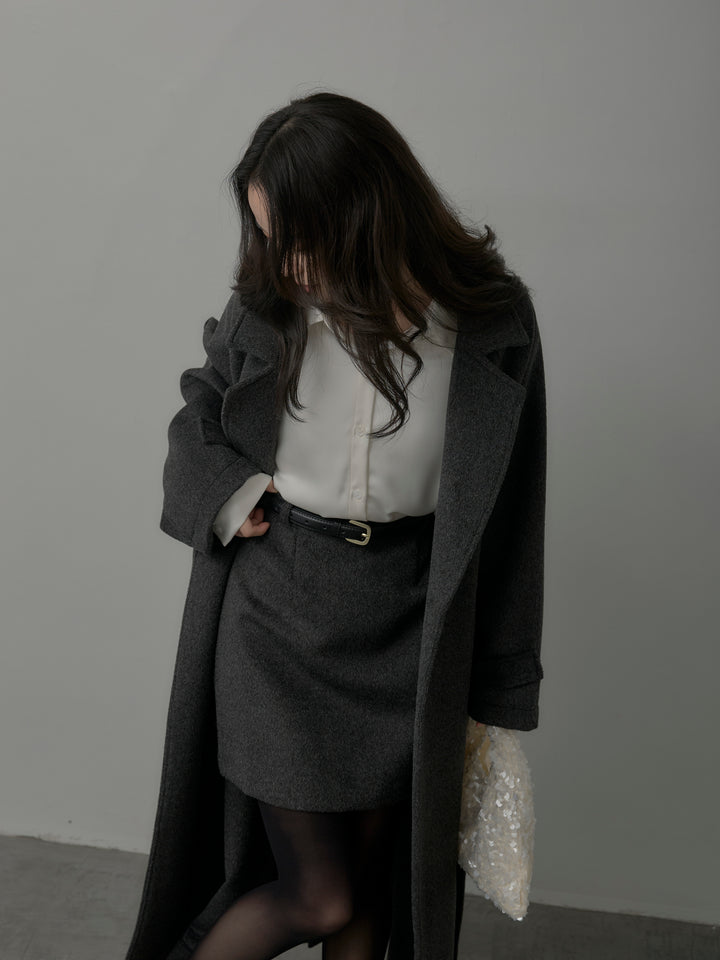 【SET】【Essential】ソフトウールリバートレンチコート+ケープ付きオーバーサテンシャツ+【Essential】ウールタッチミニスカート(3set)