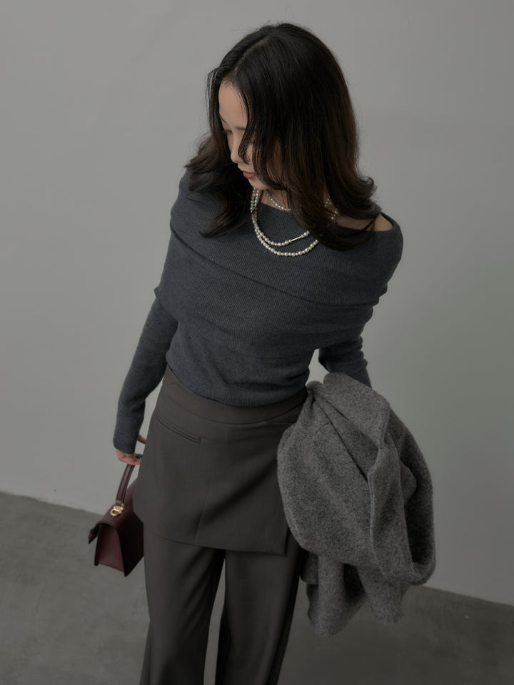 【SET】オフショルリブニットトップス+ラップワイドパンツ(2set)