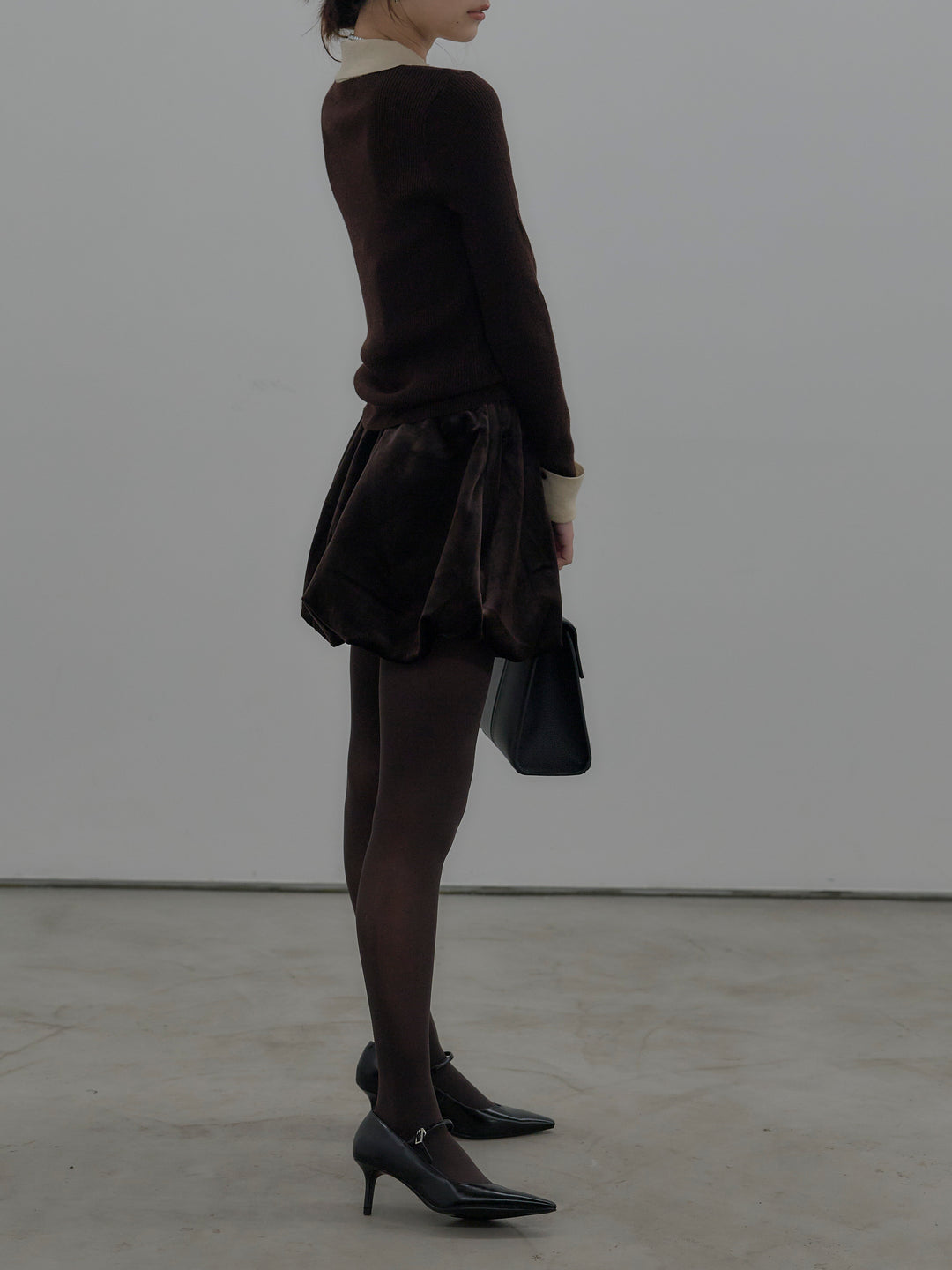 【SET】配色カフスニットポロ+ベロアバルーンミニスカート(インパン付き)(2set)