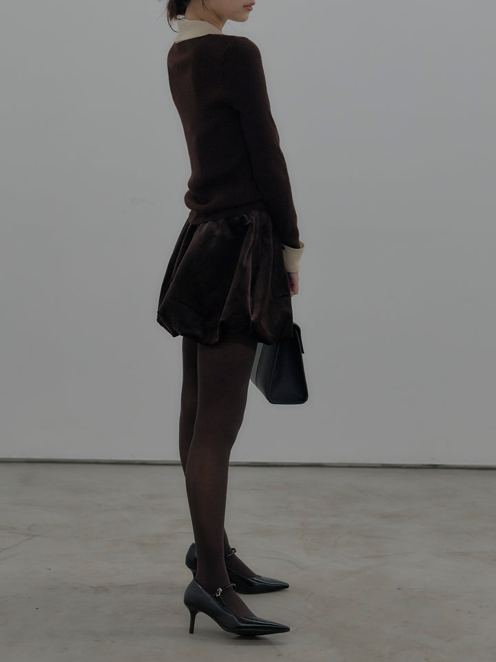 【SET】配色カフスニットポロ+ベロアバルーンミニスカート(インパン付き)(2set)