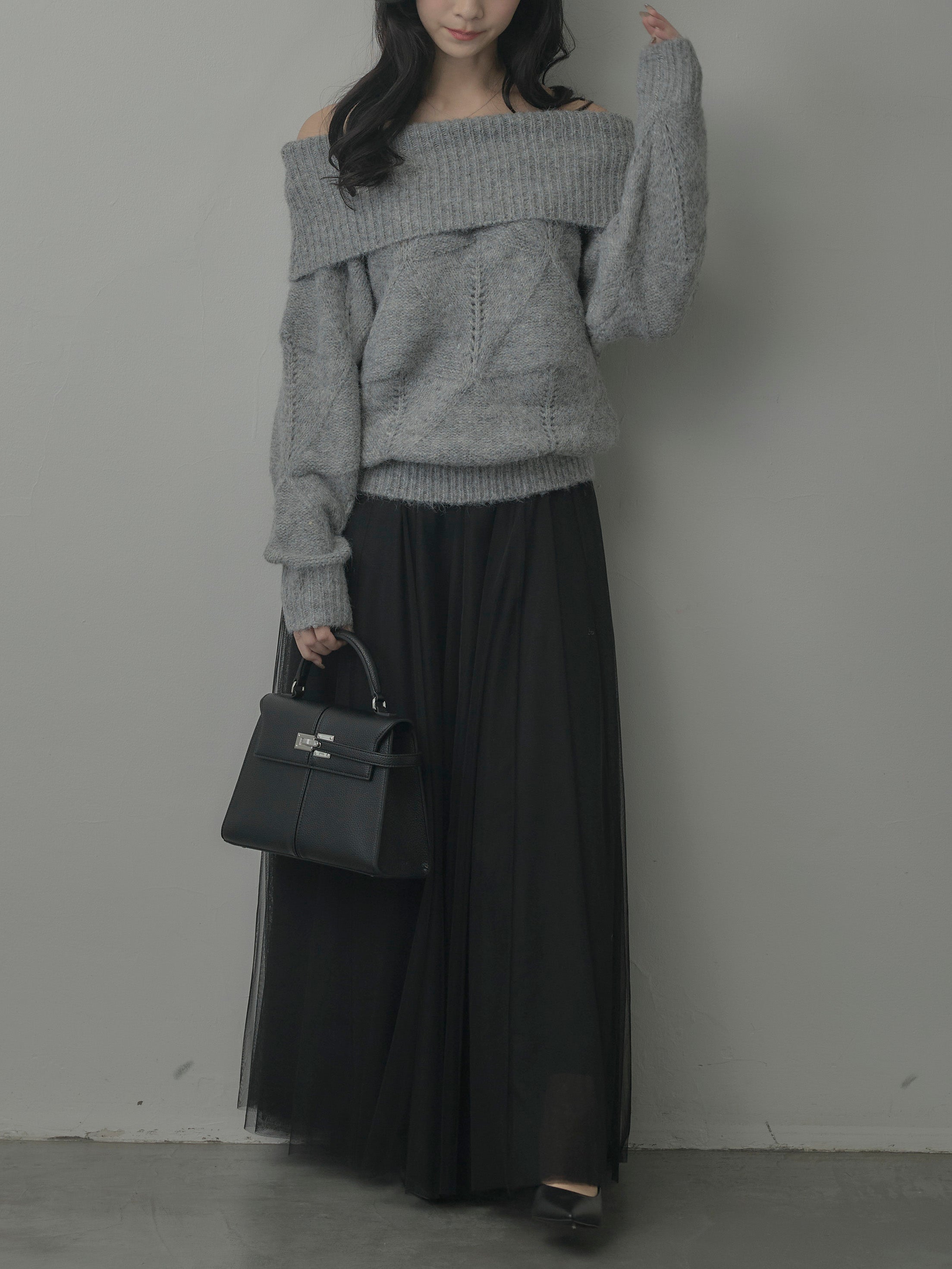 SET】メランジニットオフショルトップス+ボリュームチュールスカート