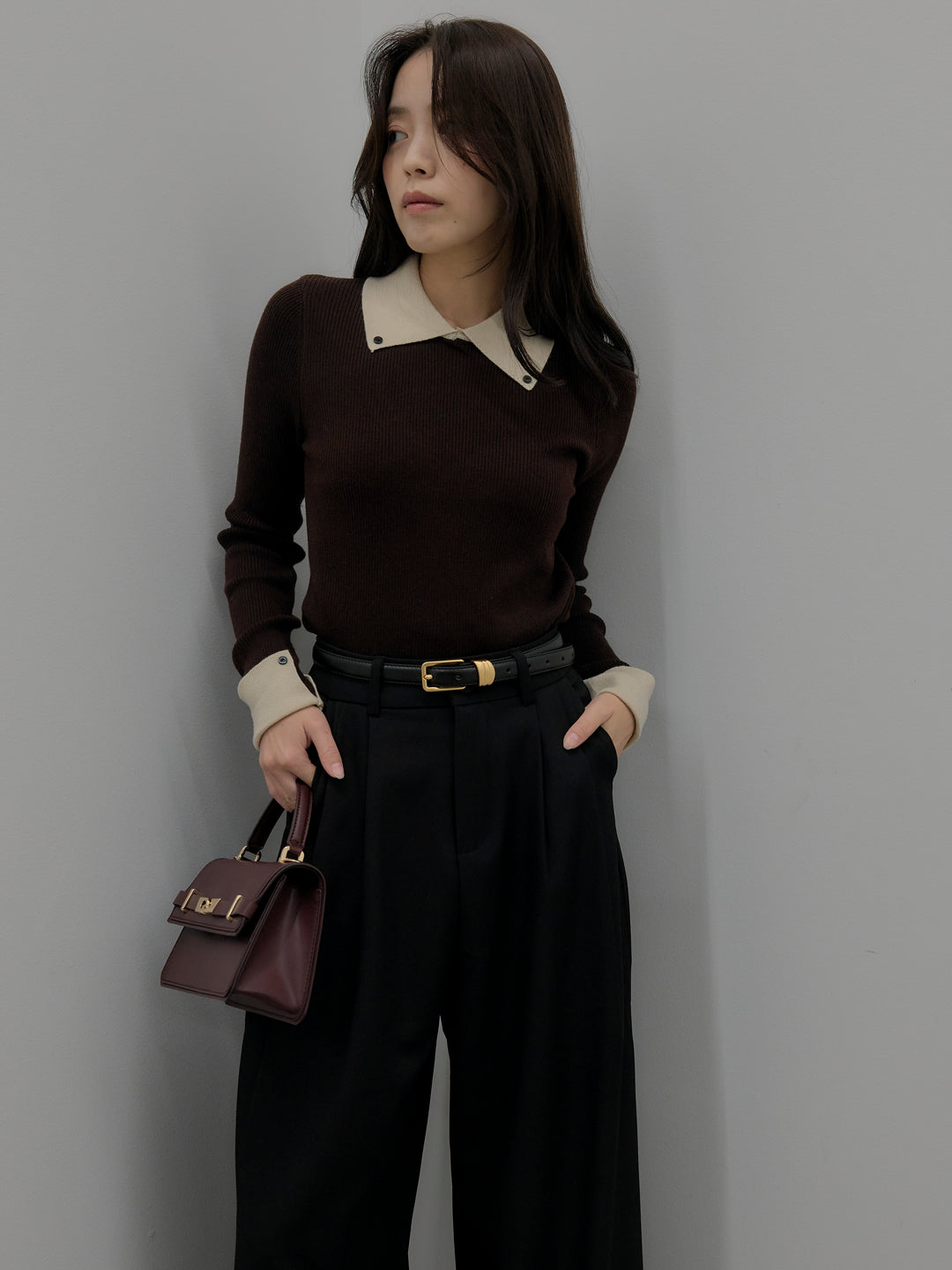 【SET】配色カフスニットポロ+デザインタックワイドパンツ(2set)