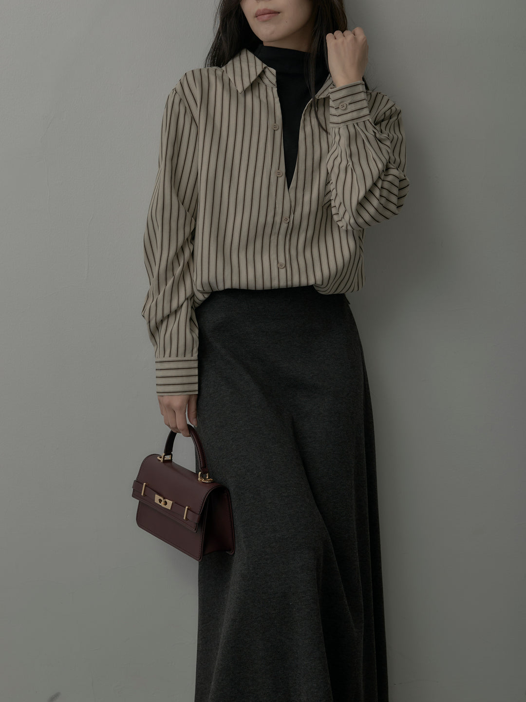 【SET】スエードタッチドッキングデザインストライプシャツ+リラクシーフレアロングスカート(2set)