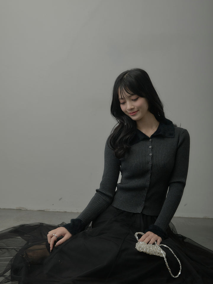 【SET】シャギー襟リブニットポロトップス+ボリュームチュールスカート(2set)