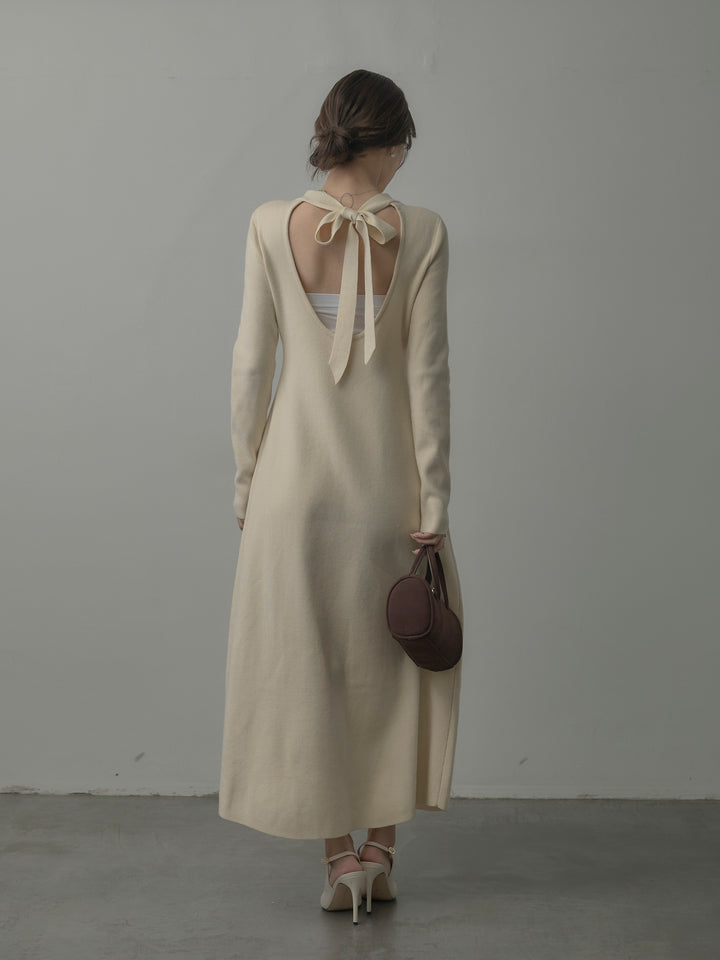 バックリボンニットロングワンピース
