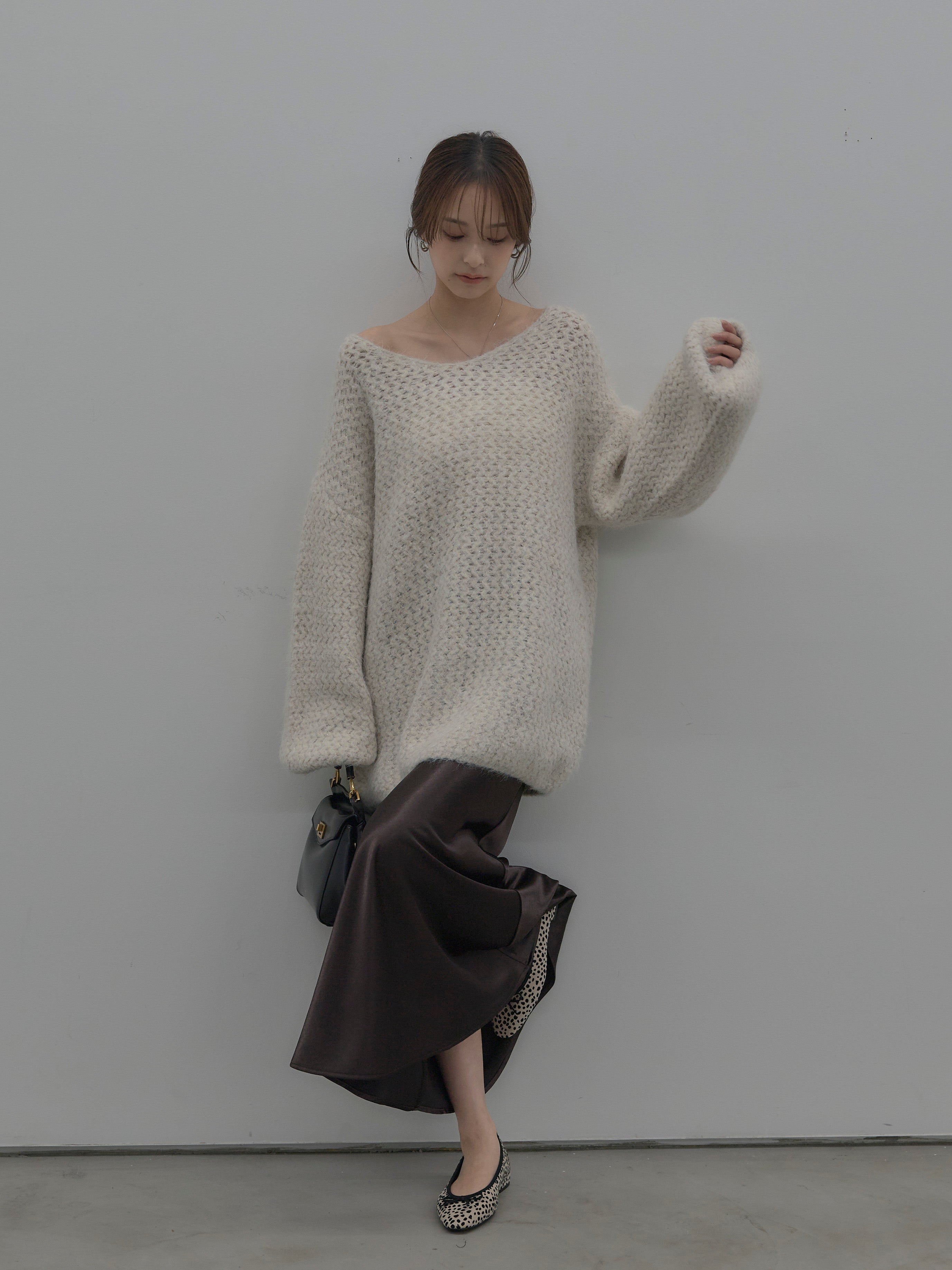 SET】ラメ糸ローゲージ編みオーバーニットトップス+ナローAライン