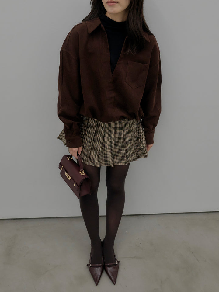 ドッキングデザイン裾ドロストスエードシャツ