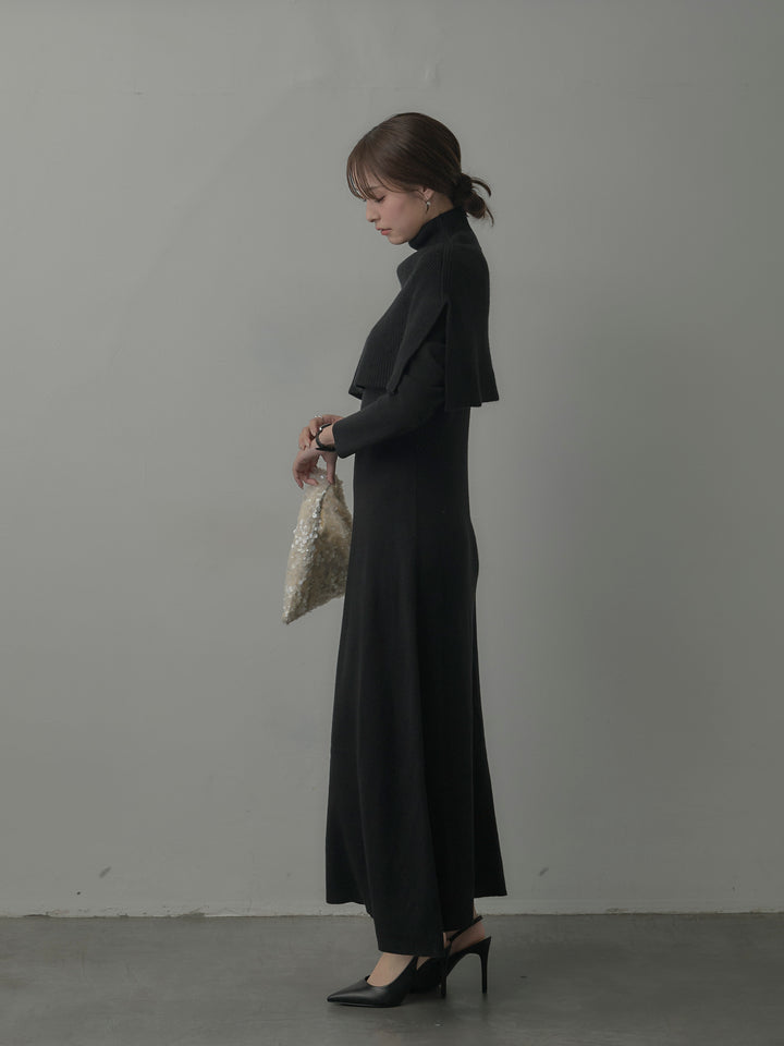 ケープ付きリブニットロングワンピース