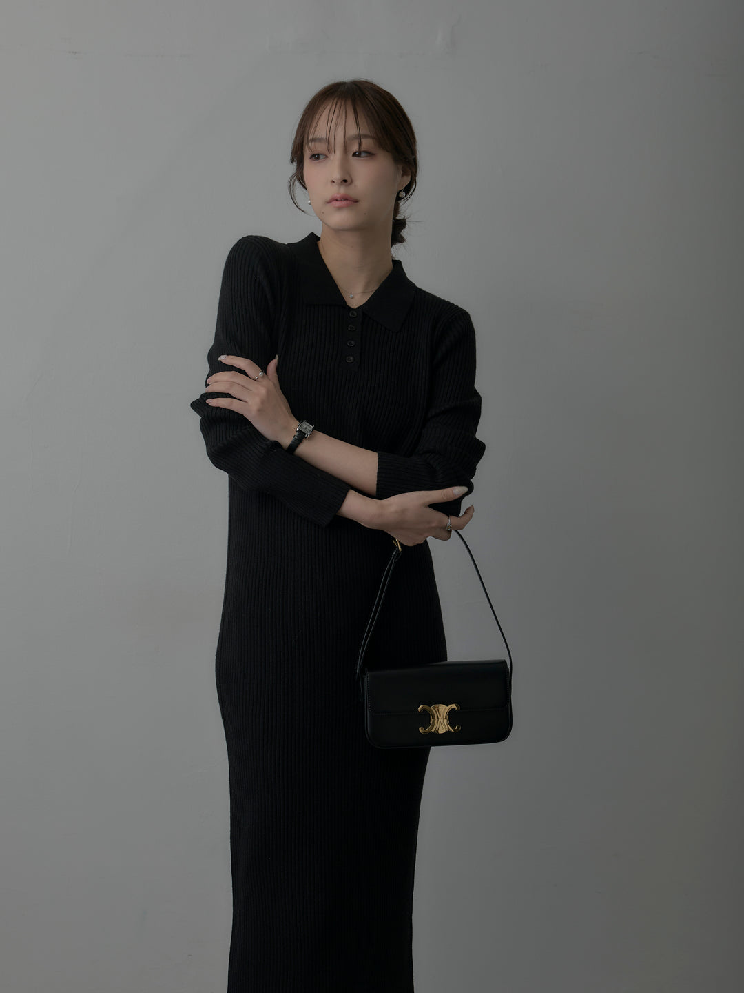 ポロ襟リブニットワンピース