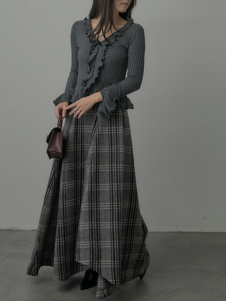 【SET】Vネックフリルデザインニットトップス+【Essential】クラシカルチェックウールタッチスカート(2set)
