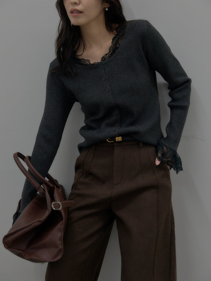 【SET】レースドッキングリブニットトップス+裏起毛デザインワイドパンツ(2set)