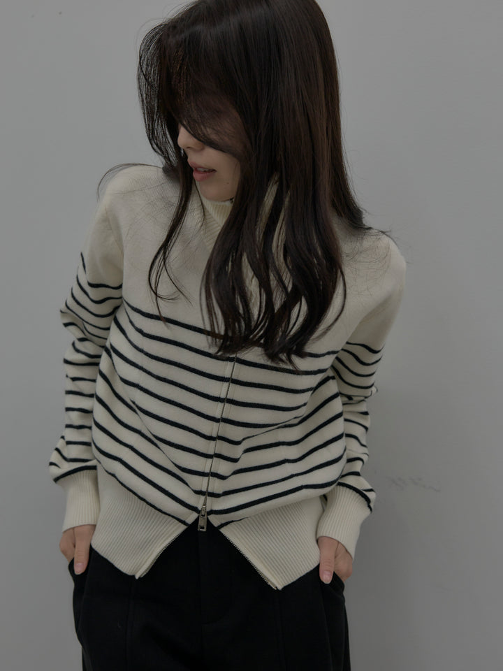 【SET】ダブルZIPハイネックボーダーニットトップス+裏起毛センターシームタックワイドパンツ(2set)