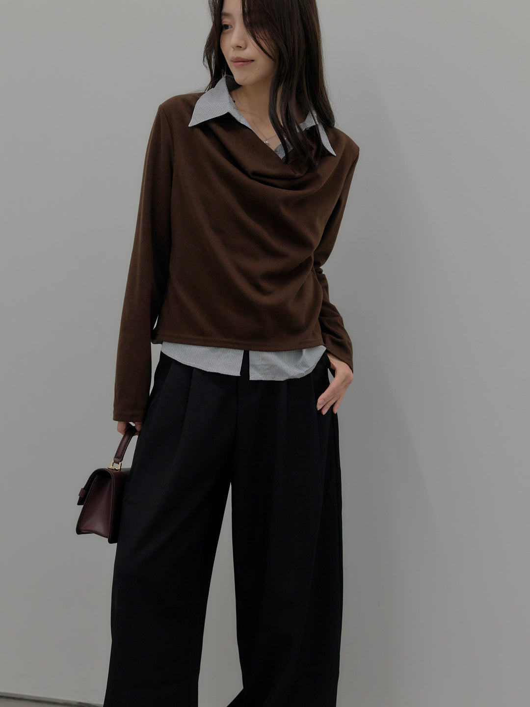 シャツレイヤードドレープニットトップス