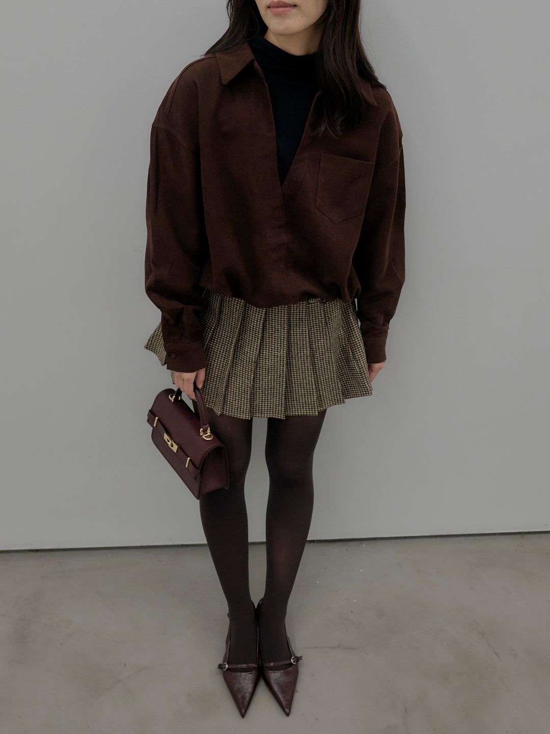 【SET】ドッキングデザイン裾ドロストスエードシャツ+ハウンドトゥースプリーツミニスカート(2set)