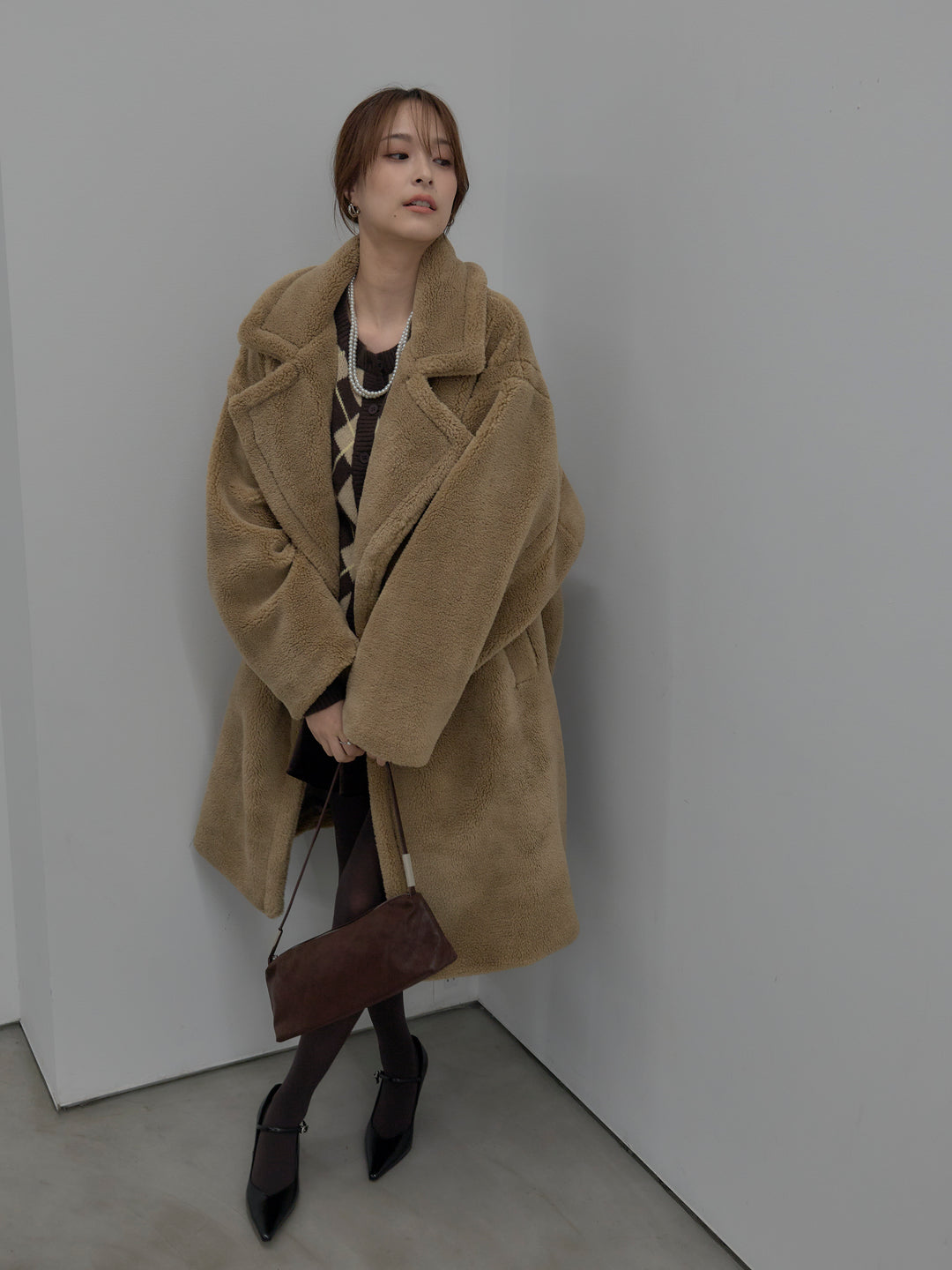 【SET】テディボアロングコート+ベロアバルーンミニスカート(インパン付き)(2set)