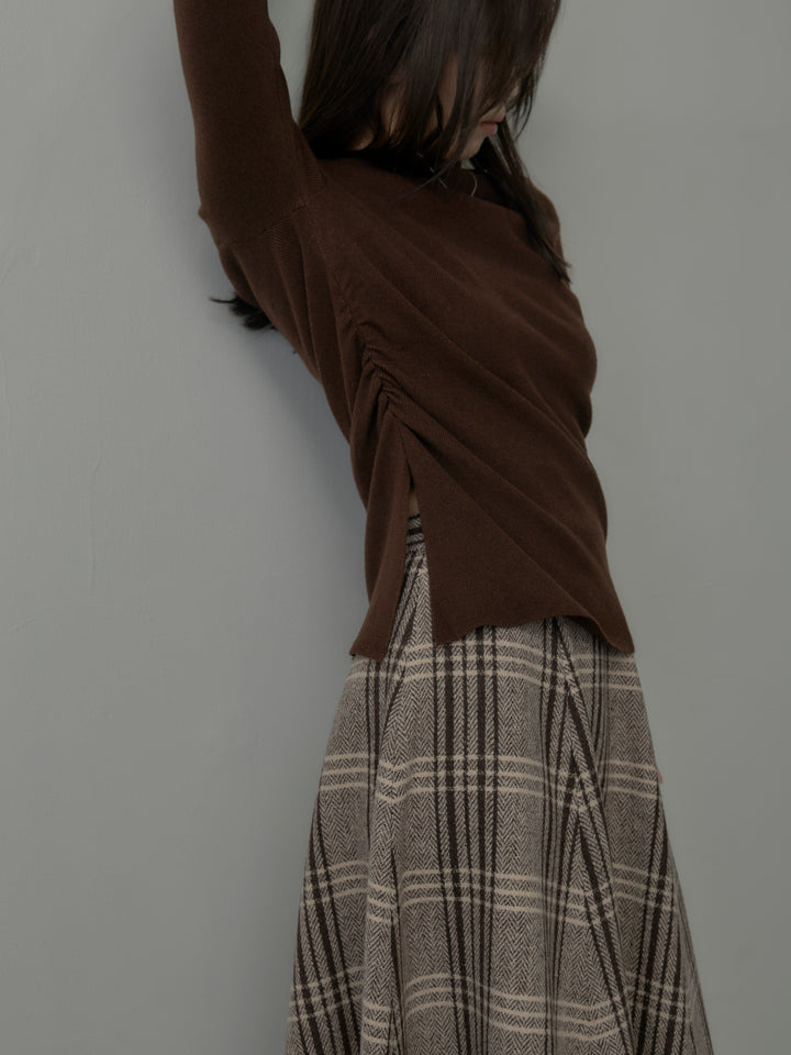 【SET】サイドスリットボートネックニットトップス+【Essential】クラシカルチェックウールタッチスカート(2set)