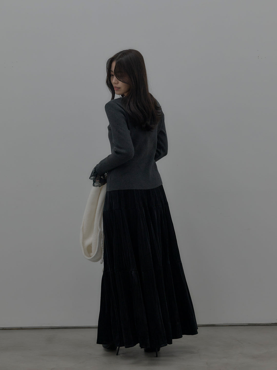 【SET】レースドッキングリブニットトップス+ベロアプリーツティアードスカート(2set)