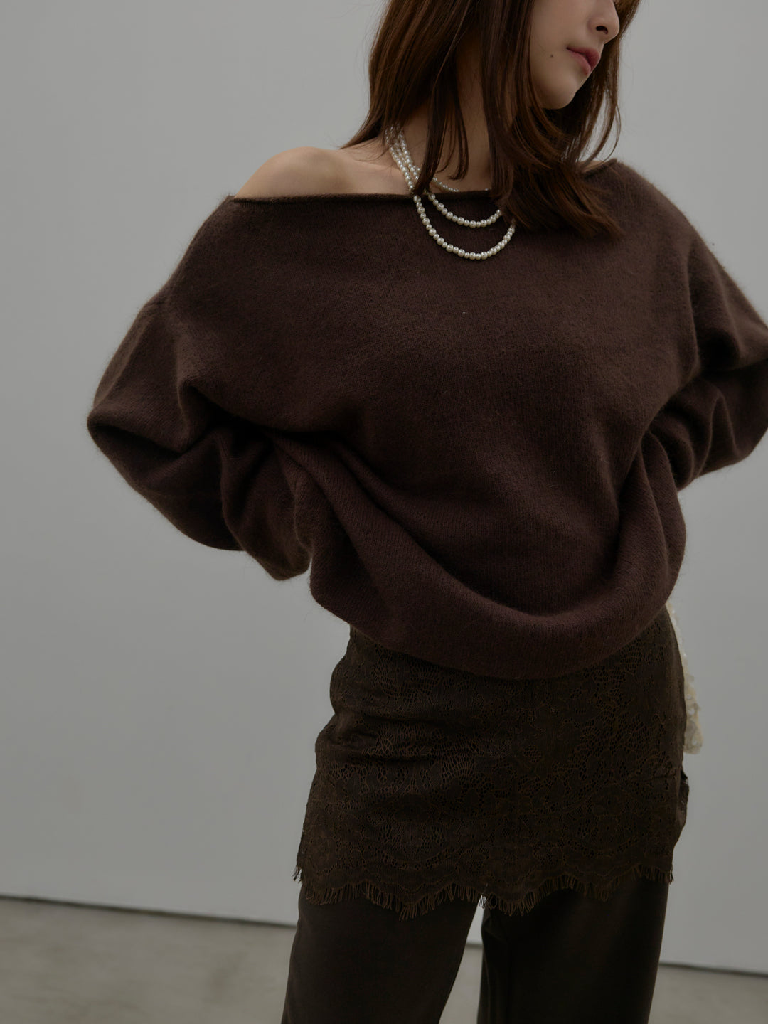 【SET】【premium touch】2wayショルダーニットプルオーバー+レースレイヤードセミフレアパンツ(2set)