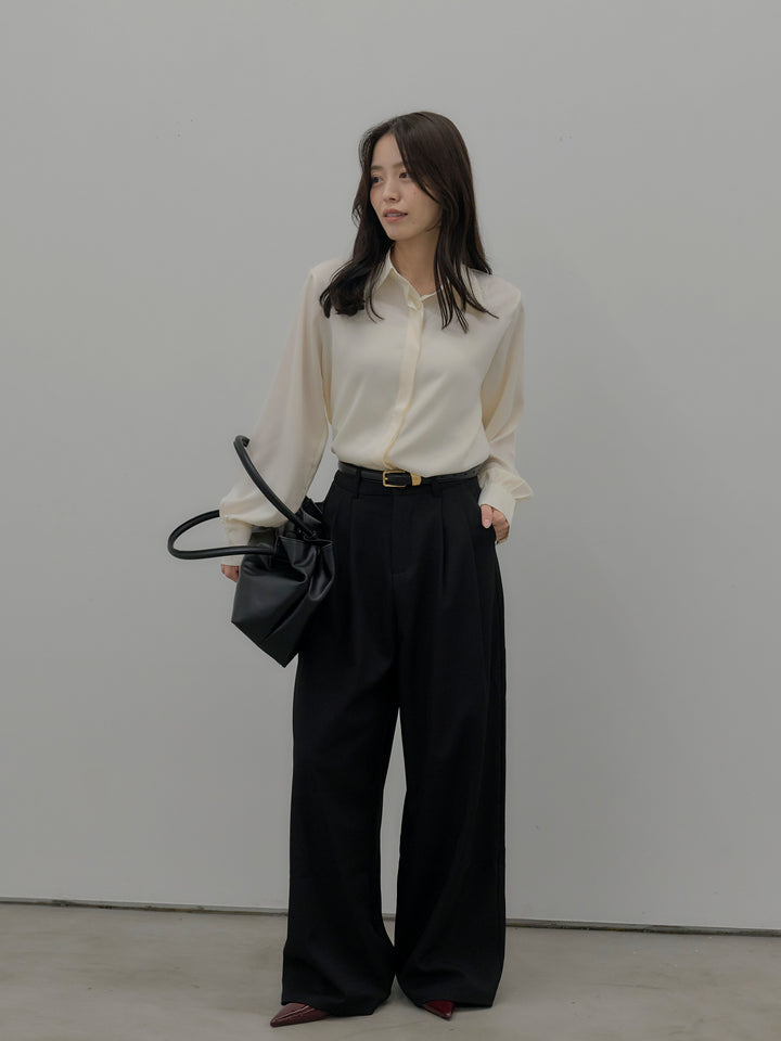 【SET】比翼仕立てサテンシャツ+デザインタックワイドパンツ(2set)