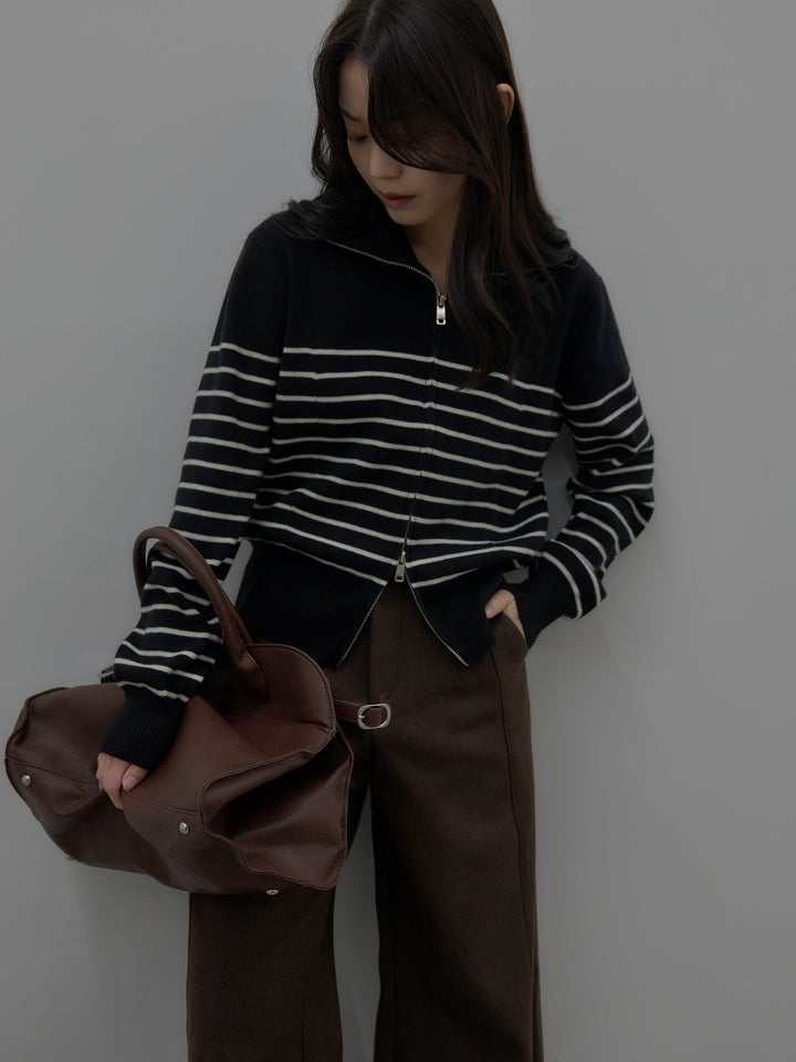 【SET】ダブルZIPハイネックボーダーニットトップス+裏起毛デザインワイドパンツ(2set)