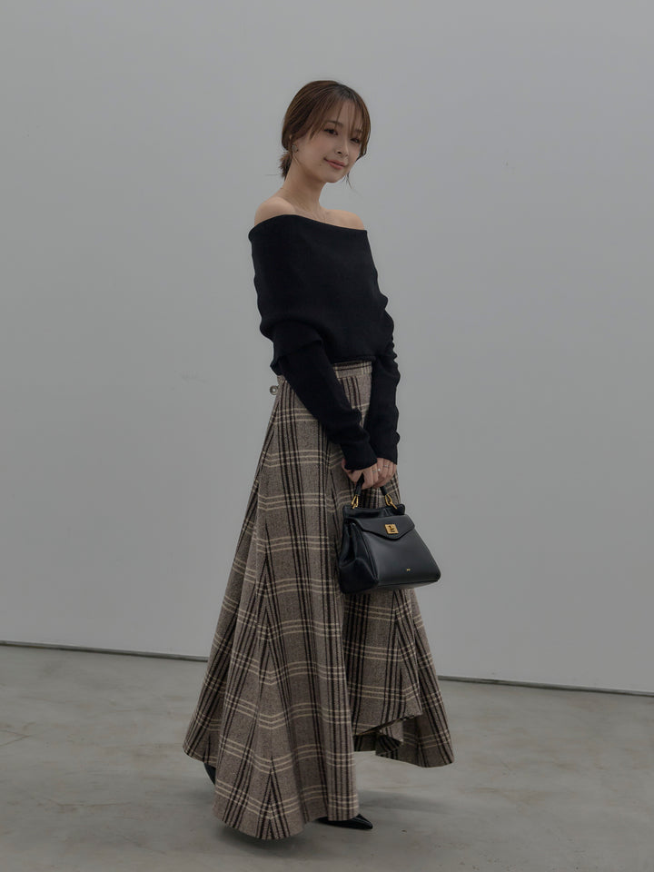 【SET】【premium touch】ソフトリブオフショルニットトップス+【Essential】クラシカルチェックウールタッチスカート(2set)