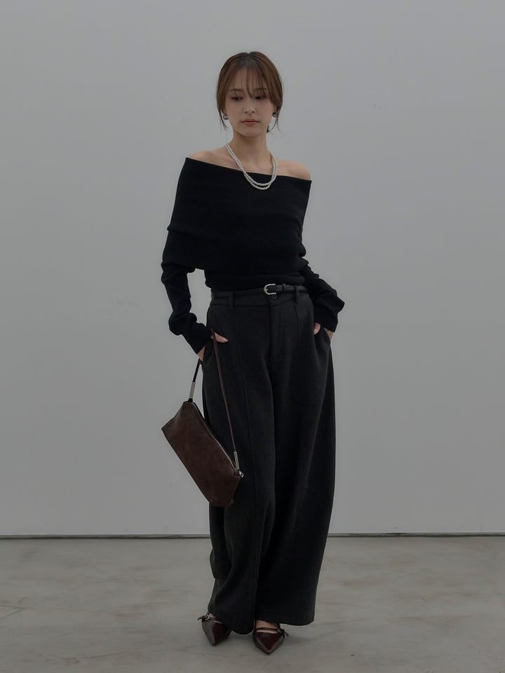 【SET】【premium touch】ソフトリブオフショルニットトップス+カーブデザインスウェットライクパンツ(2set)