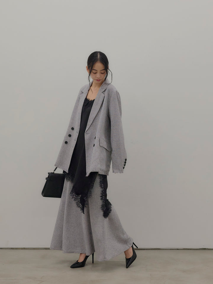 【SET】スラブネップツイードフリンジテーラードジャケット+アシンメトリーサテンレースキャミソール+スラブネップツイードマーメイドスカート(3set)