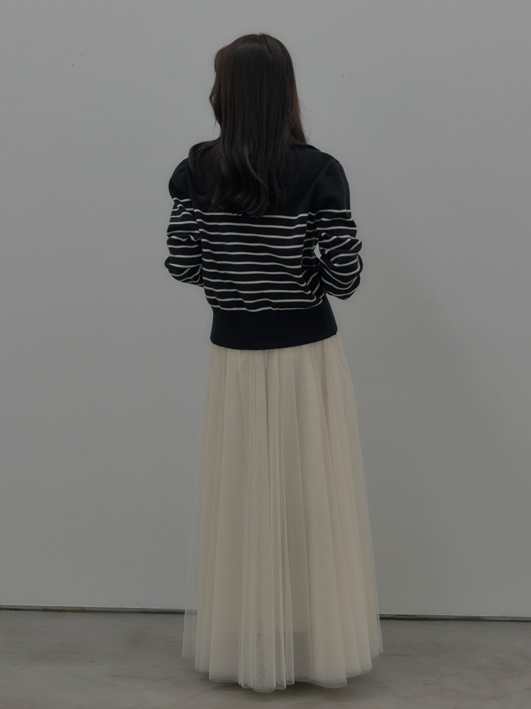 【SET】ダブルZIPハイネックボーダーニットトップス+ボリュームチュールスカート(2set)