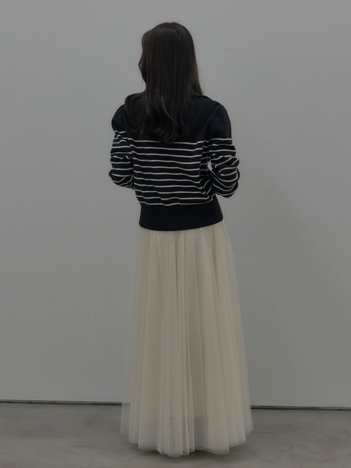 【SET】ダブルZIPハイネックボーダーニットトップス+ボリュームチュールスカート(2set)