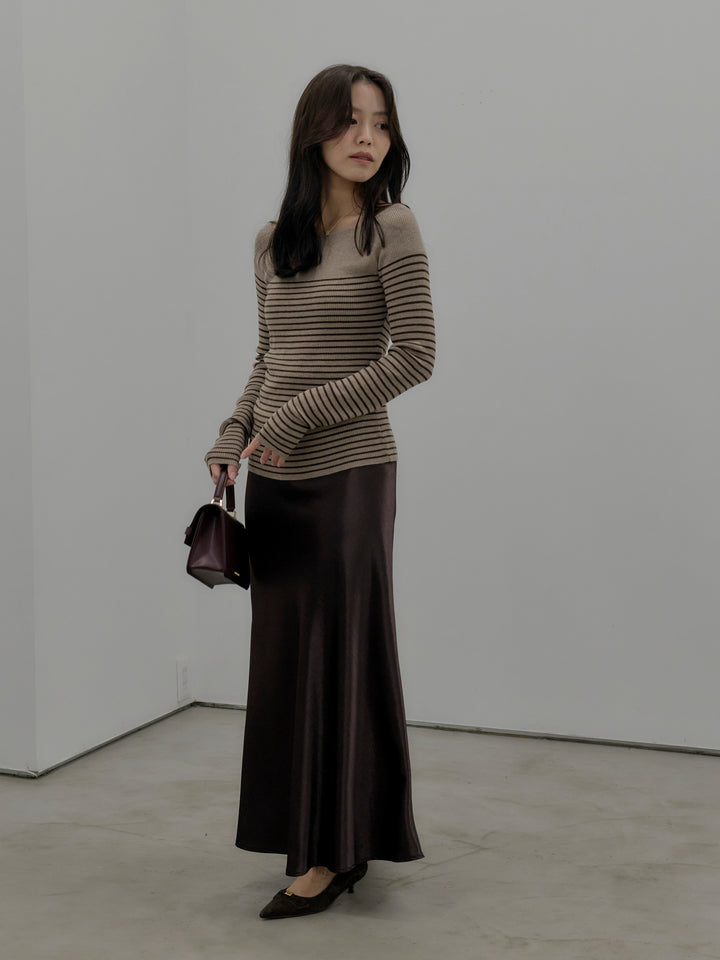 【SET】ハーフボーダーニットトップス+ナローAラインサテンスカート(2set)