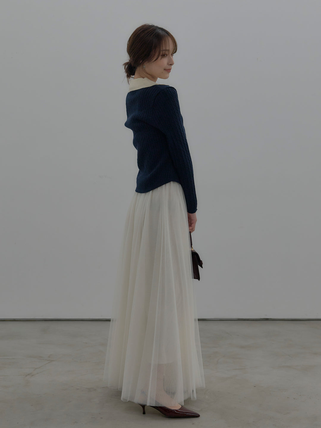 【SET】配色Vネックケーブルニットトップス+ボリュームチュールスカート(2set)