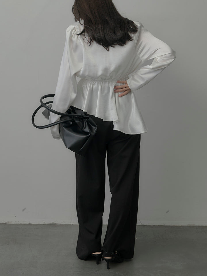 【SET】Vネックアシメサテンブラウス+【Essential】３タックスラックス(2set)