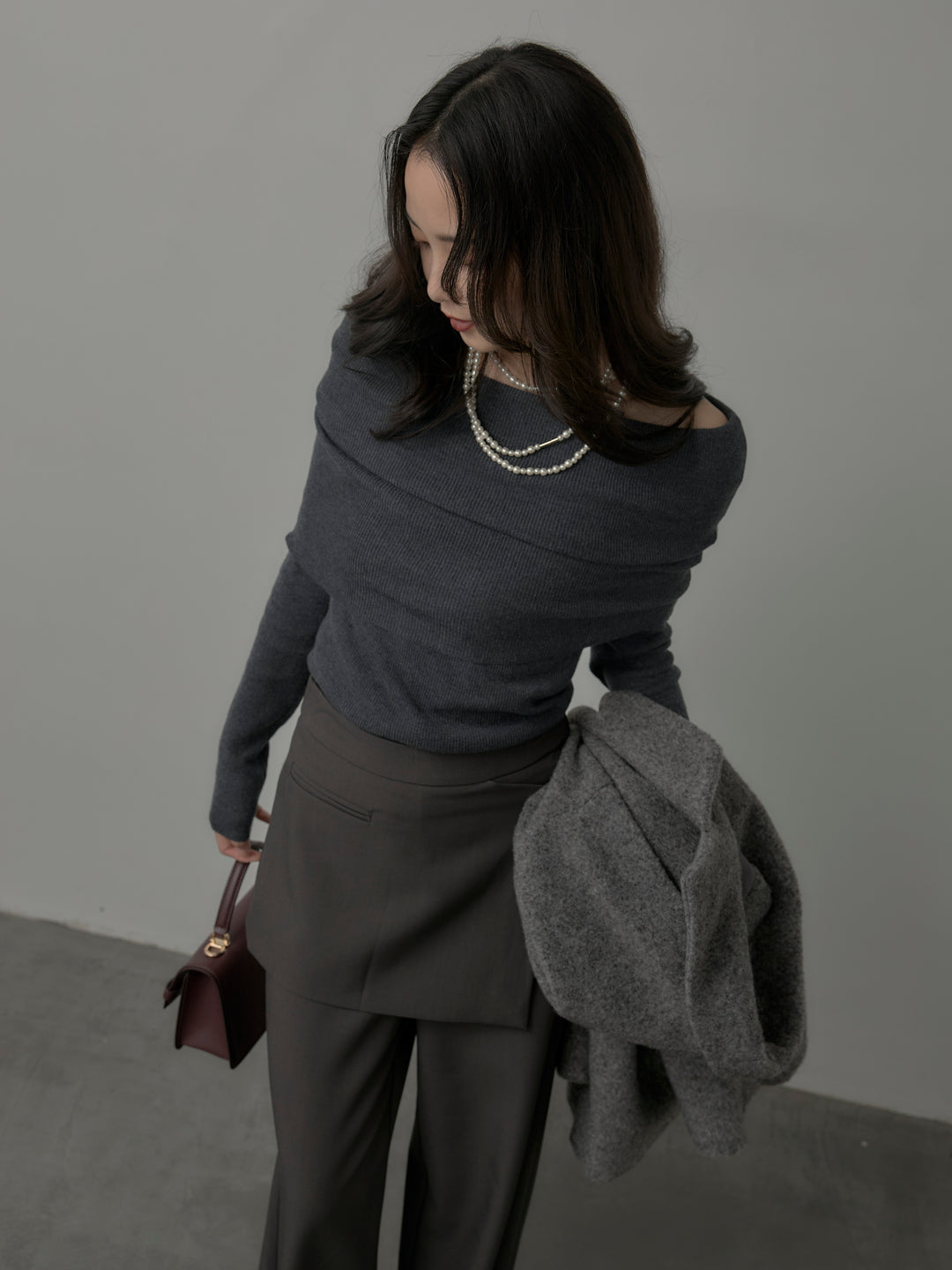 【SET】【Essential】オーバーサイズジャケットコート+オフショルリブニットトップス+ラップワイドパンツ(3set)