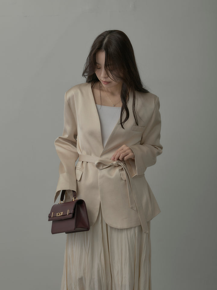 【SET】ノーカラーサテンジャケット+ベロアワッシャープリーツスカート(2set)