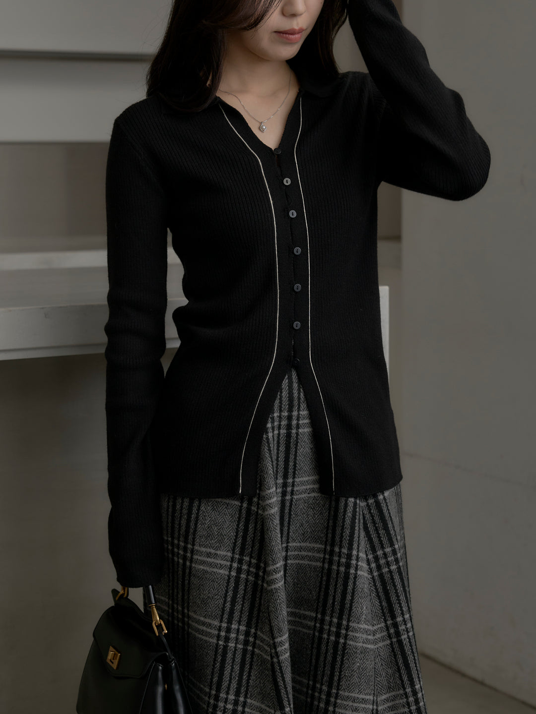 【SET】リブ配色ラインポロニットカーディガン+【Essential】クラシカルチェックウールタッチスカート(2set)
