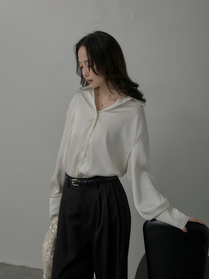 【SET】ケープ付きオーバーサテンシャツ+【Essential】３タックスラックス(2set)