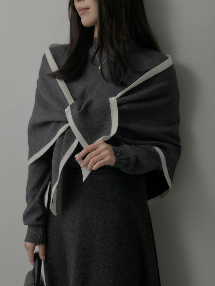 【SET】配色スカーフ付きニットトップス+リラクシーフレアロングスカート(2set)