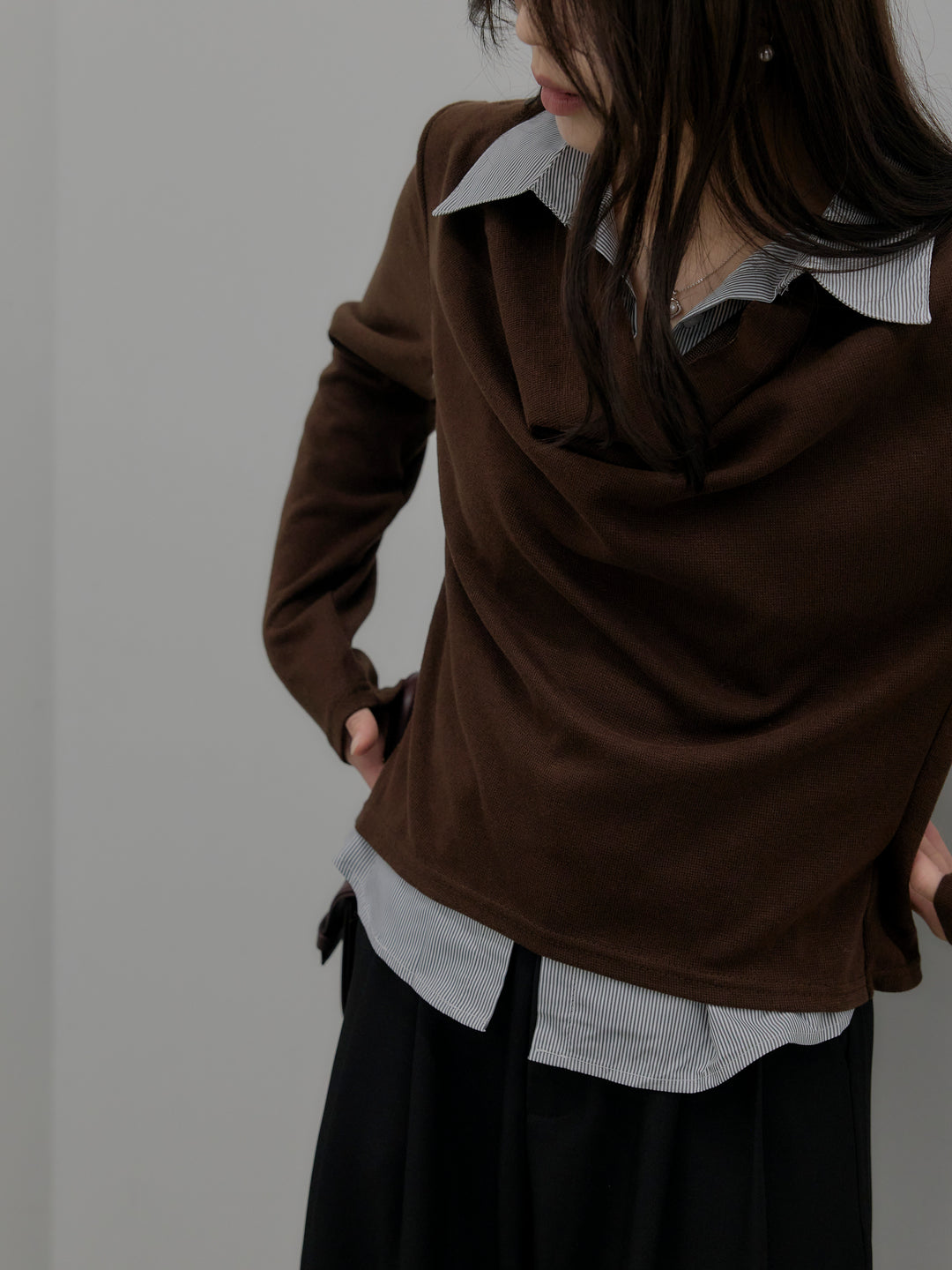 【SET】シャツレイヤードドレープニットトップス+デザインタックワイドパンツ(2set)