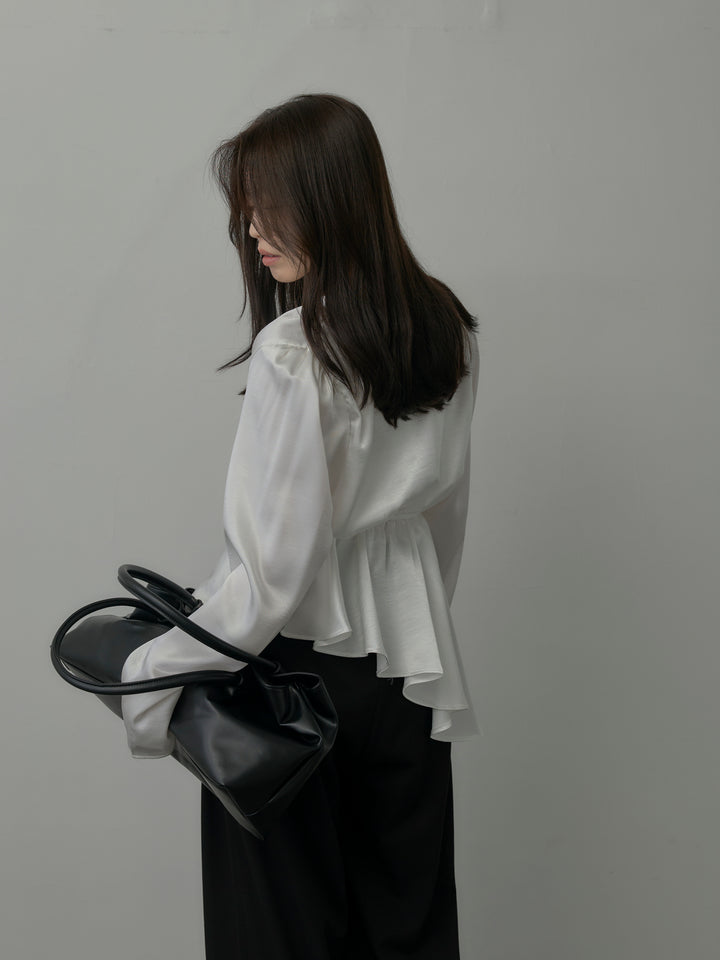 【SET】Vネックアシメサテンブラウス+【Essential】３タックスラックス(2set)