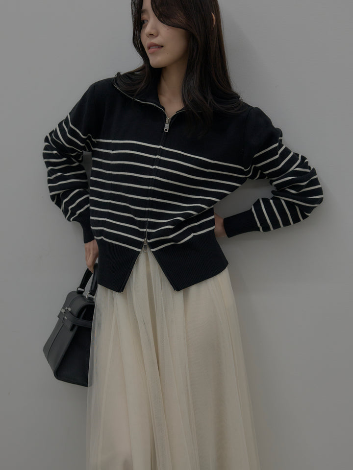 ダブルZIPハイネックボーダーニットトップス