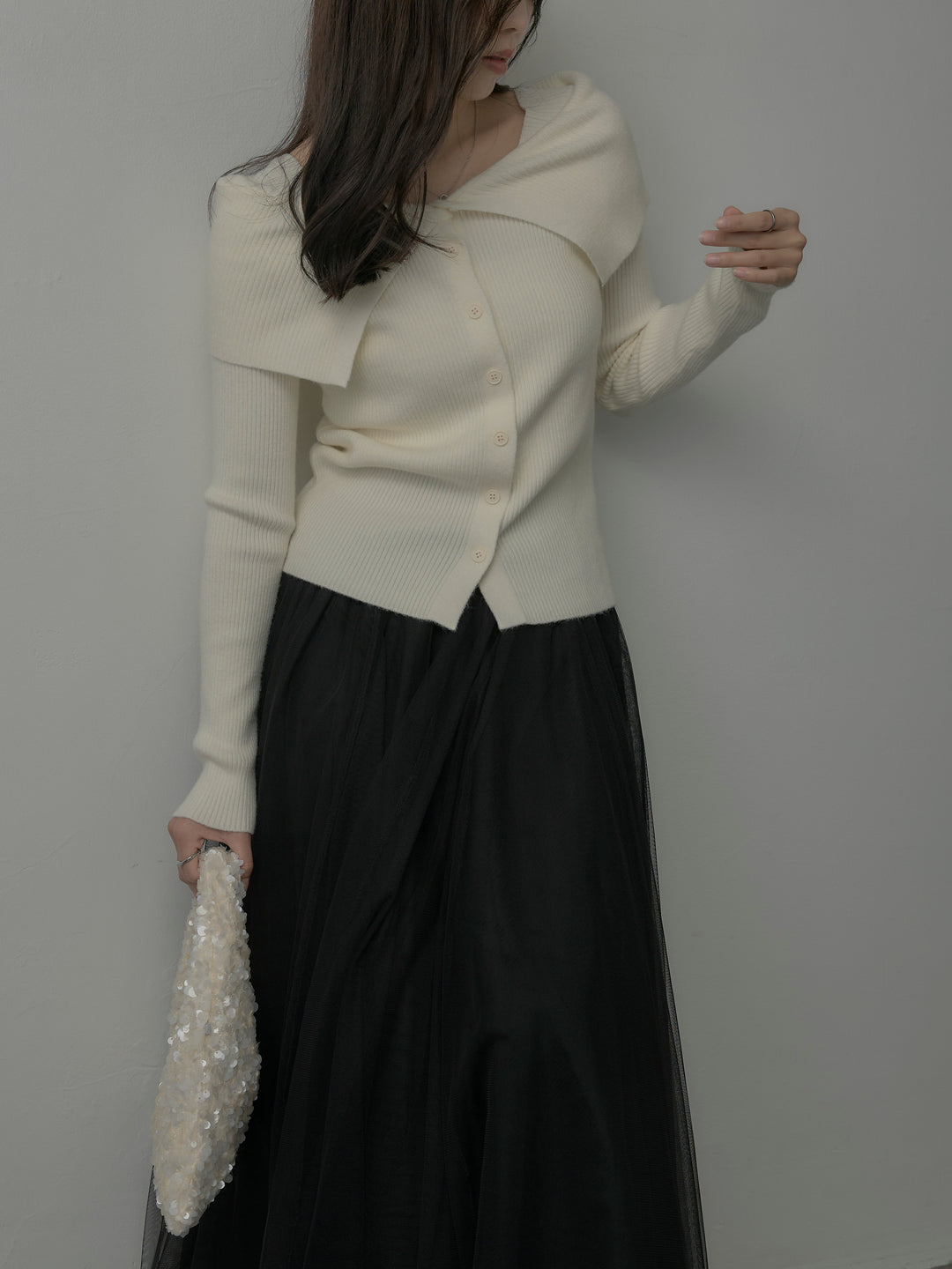 オフショルライクリブニットトップス