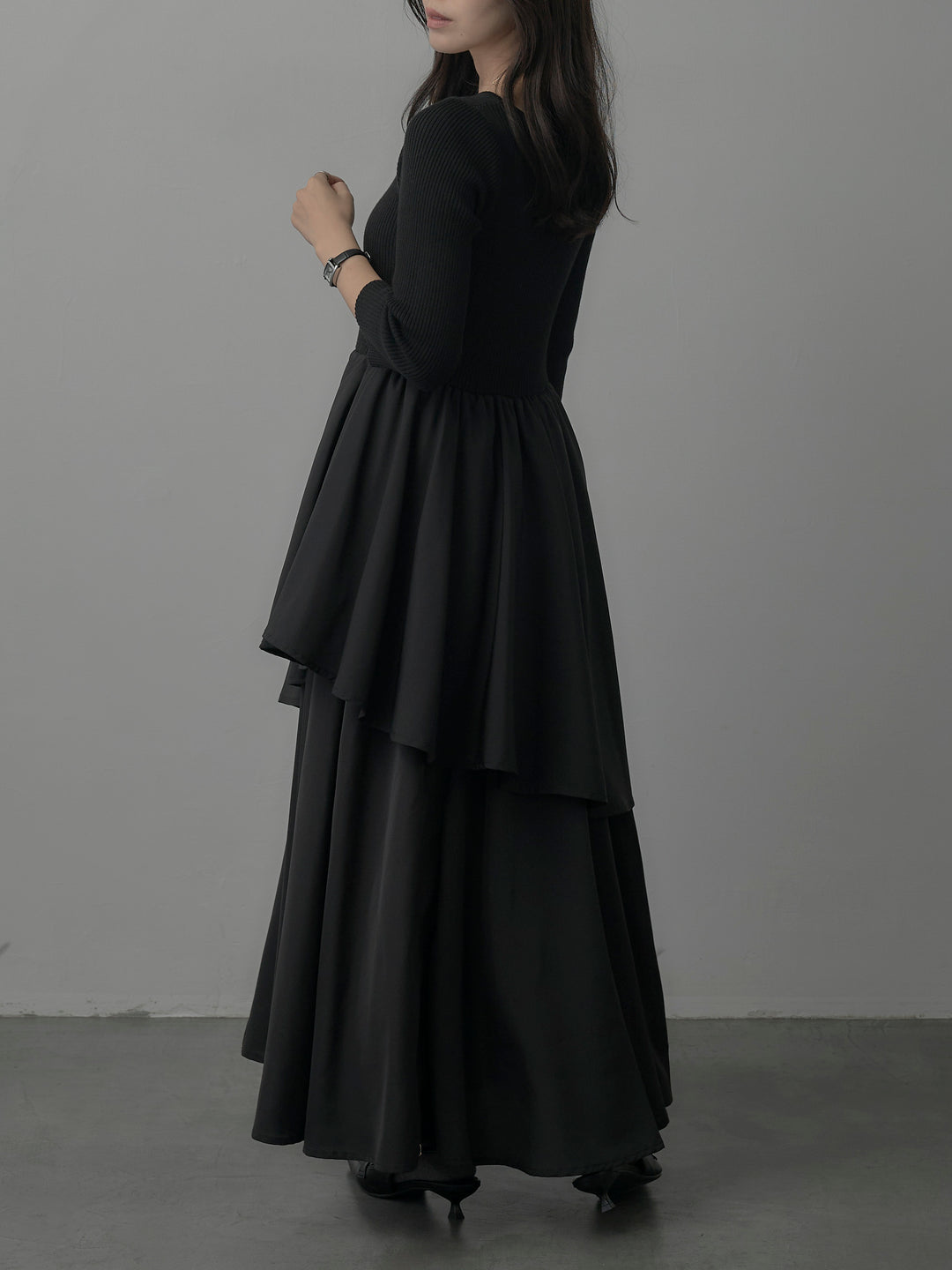 【Essential】7部袖リブドッキングワンピース