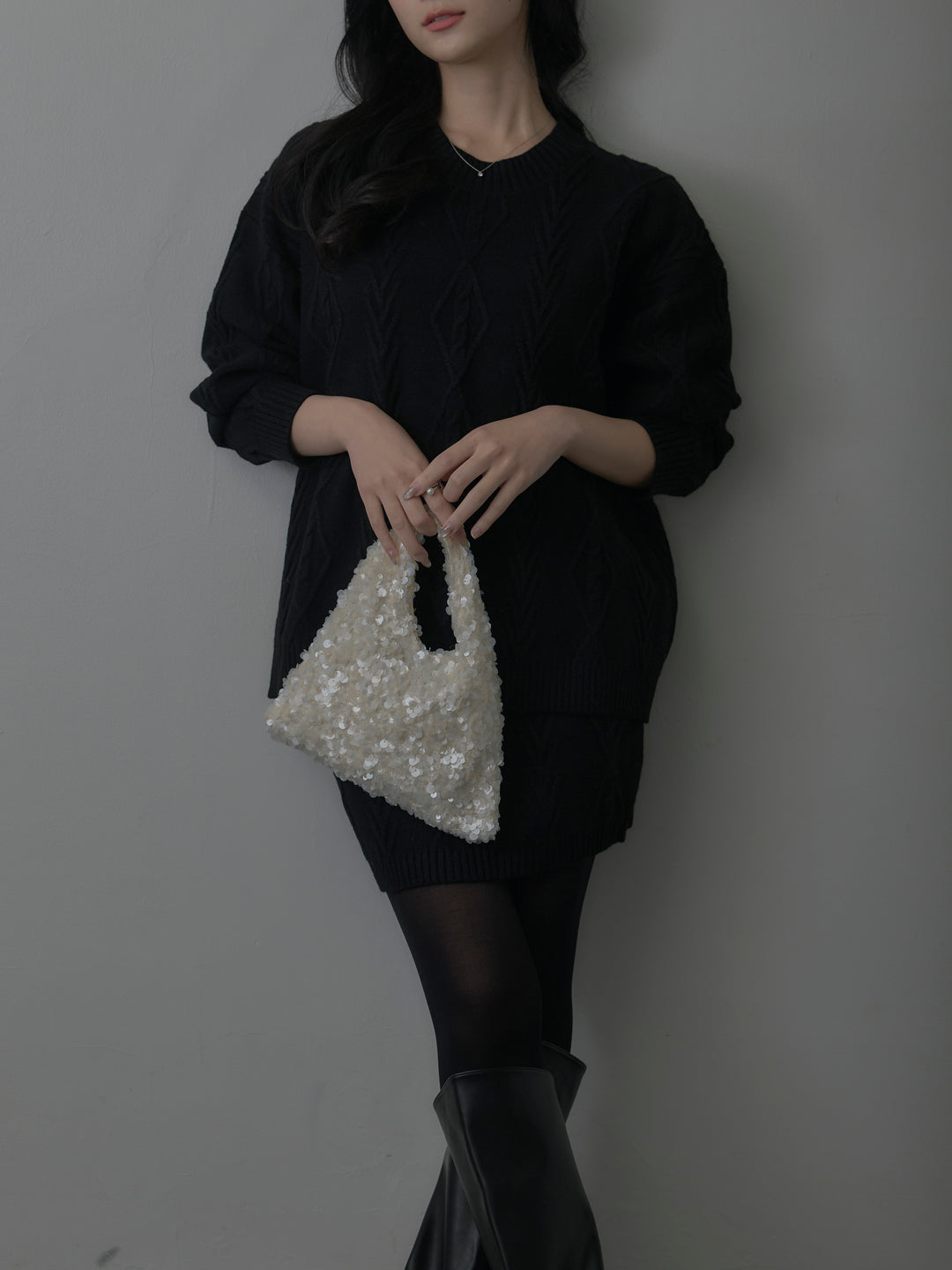 デザイン編みニットトップス&ミニスカート SET UP