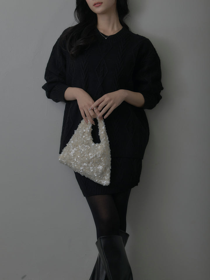 デザイン編みニットトップス&ミニスカート SET UP