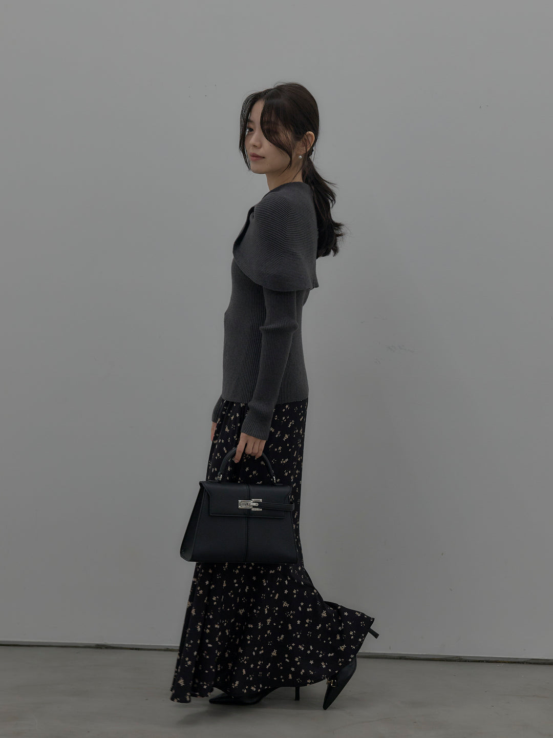 【SET】ケープライクデザインリブニットトップス+フラワーパターンマーメイドフレアスカート(2set)