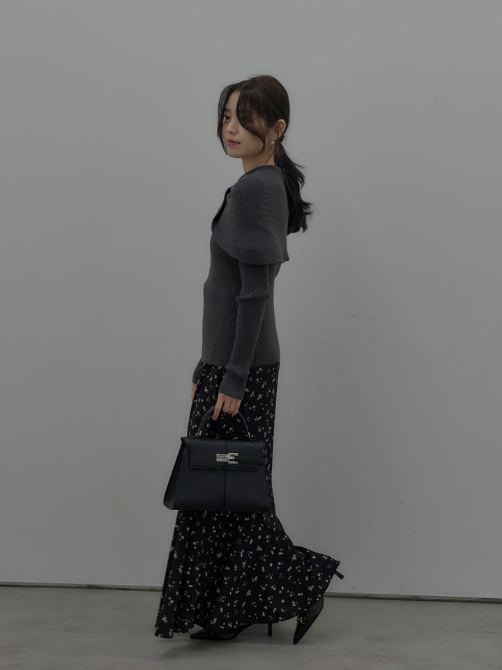 【SET】ケープライクデザインリブニットトップス+フラワーパターンマーメイドフレアスカート(2set)