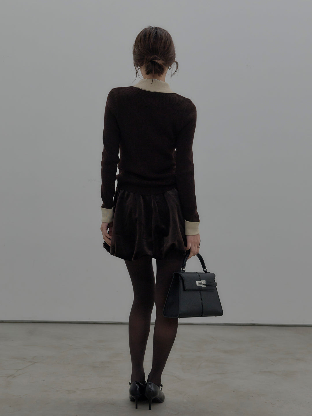 【SET】配色カフスニットポロ+ベロアバルーンミニスカート(インパン付き)(2set)